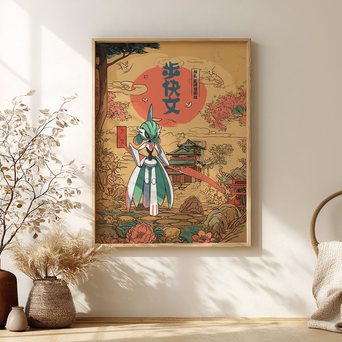Framed artwork of Iron Valiant Pokemon character with traditional elements on a wall.