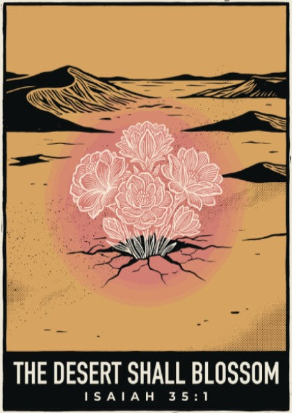 Poster displaying white wildflowers blooming from cracked desert sand with golden sunset color palette.