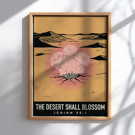 Poster displaying white wildflowers blooming from cracked desert sand with golden sunset color palette.