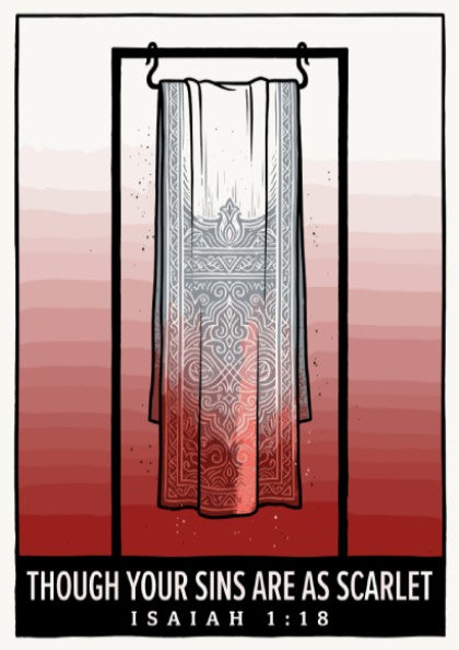 Poster displaying Though Your Sins Are As Scarlet text with a hanging garment illustration