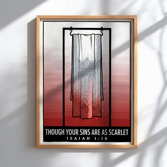 Poster displaying Though Your Sins Are As Scarlet text with a hanging garment illustration