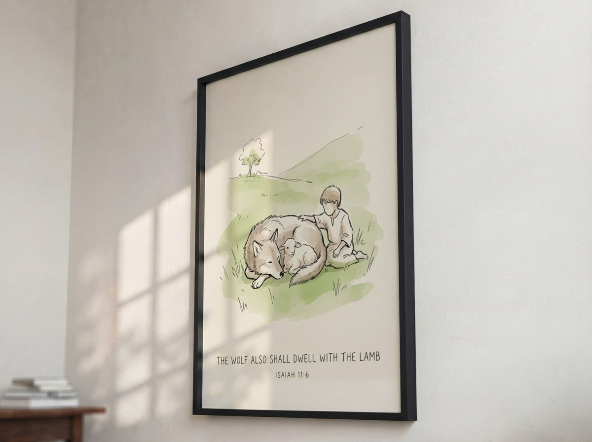 Poster featuring a wolf and lamb resting with a child in soft green tones.
