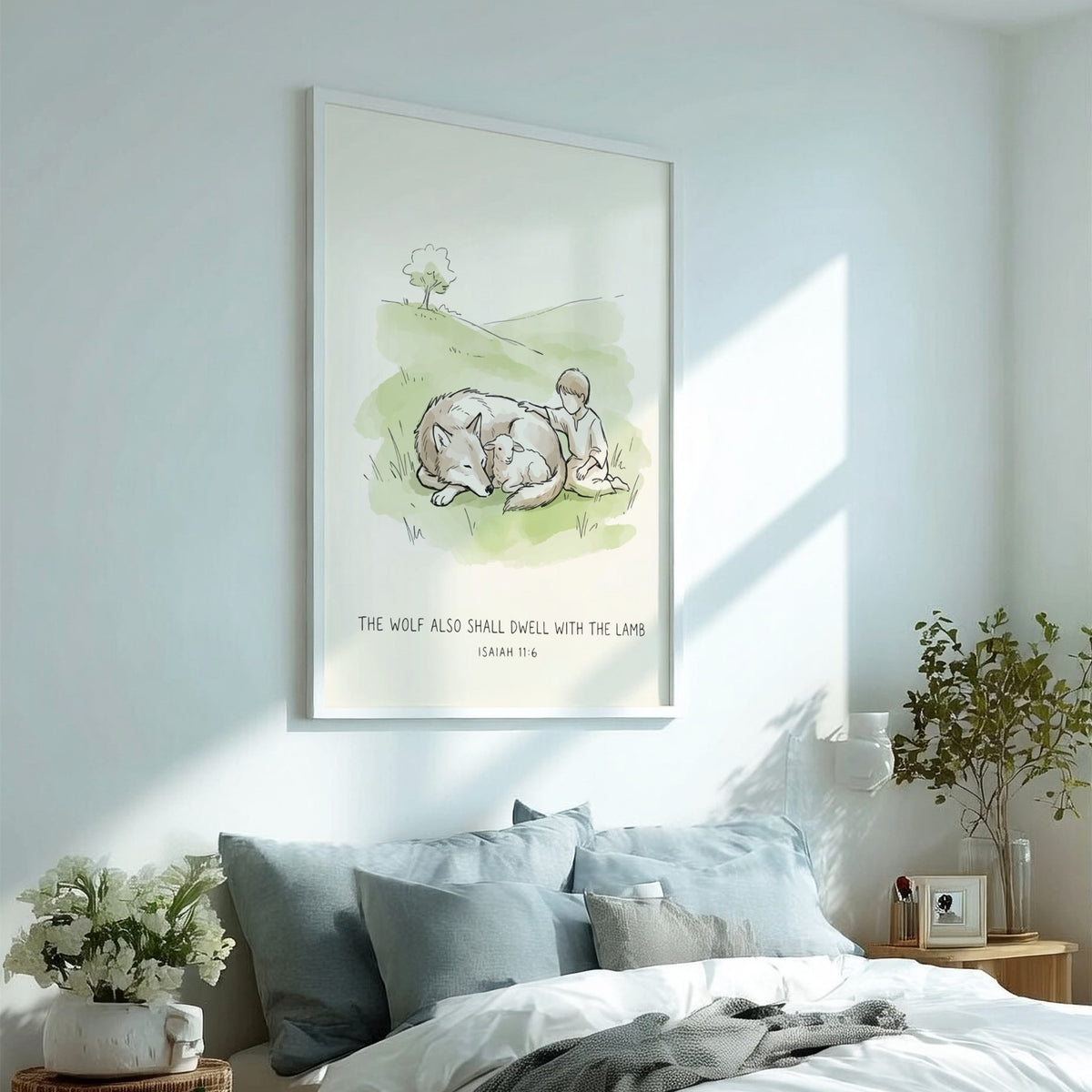 Poster featuring a wolf and lamb resting with a child in soft green tones.