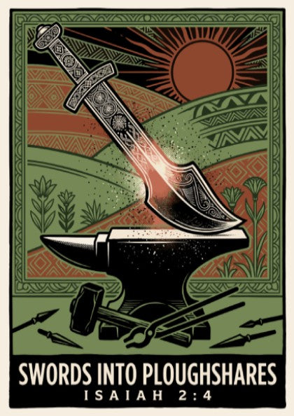 Poster featuring a sword being forged into a ploughshare with green and orange tones.