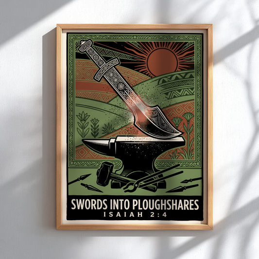 Poster featuring a sword being forged into a ploughshare with green and orange tones.