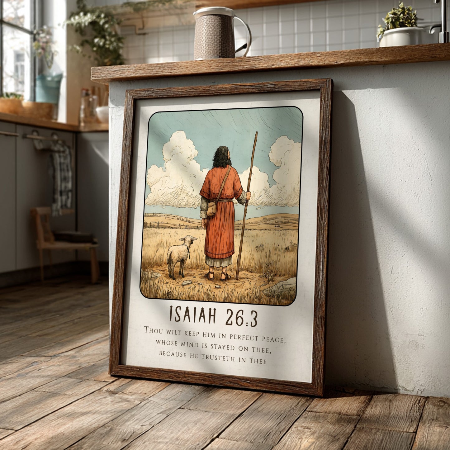 Isaiah 26:3 poster featuring a shepherd and sheep in warm tones, religious wall art for inspiration and peace