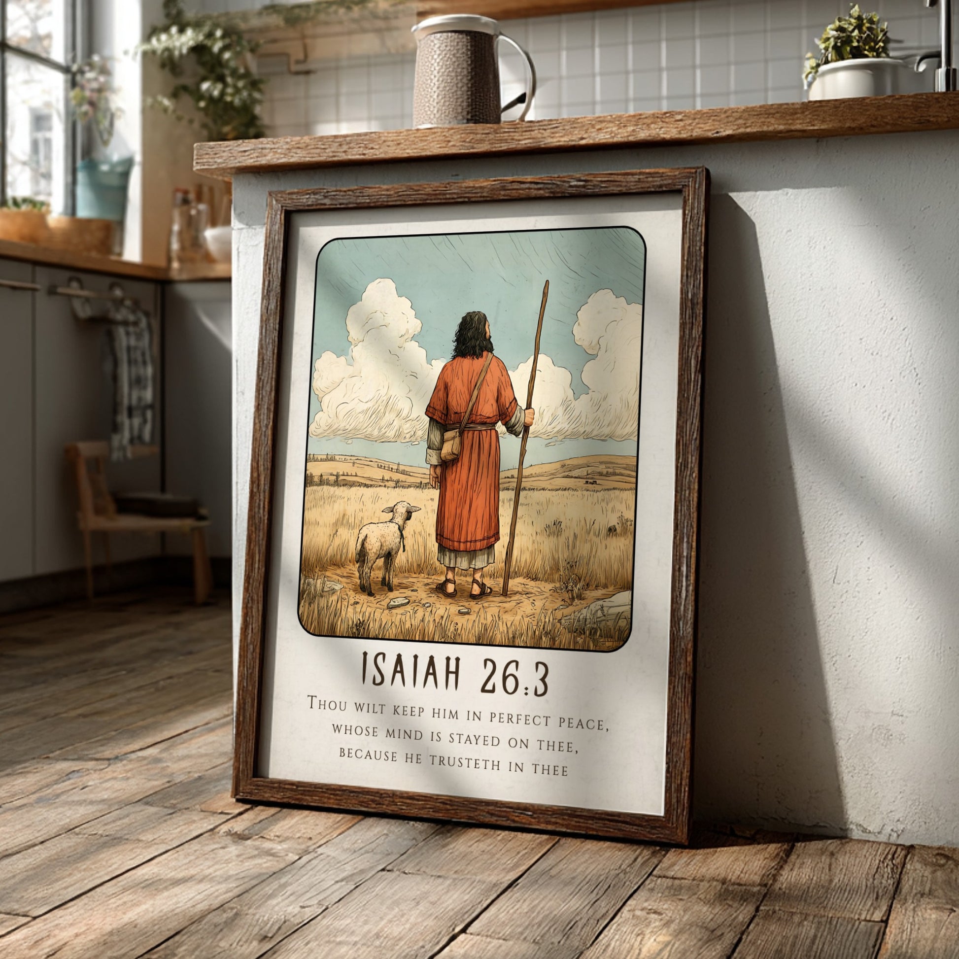 Isaiah 26:3 poster featuring a shepherd and sheep in warm tones, religious wall art for inspiration and peace