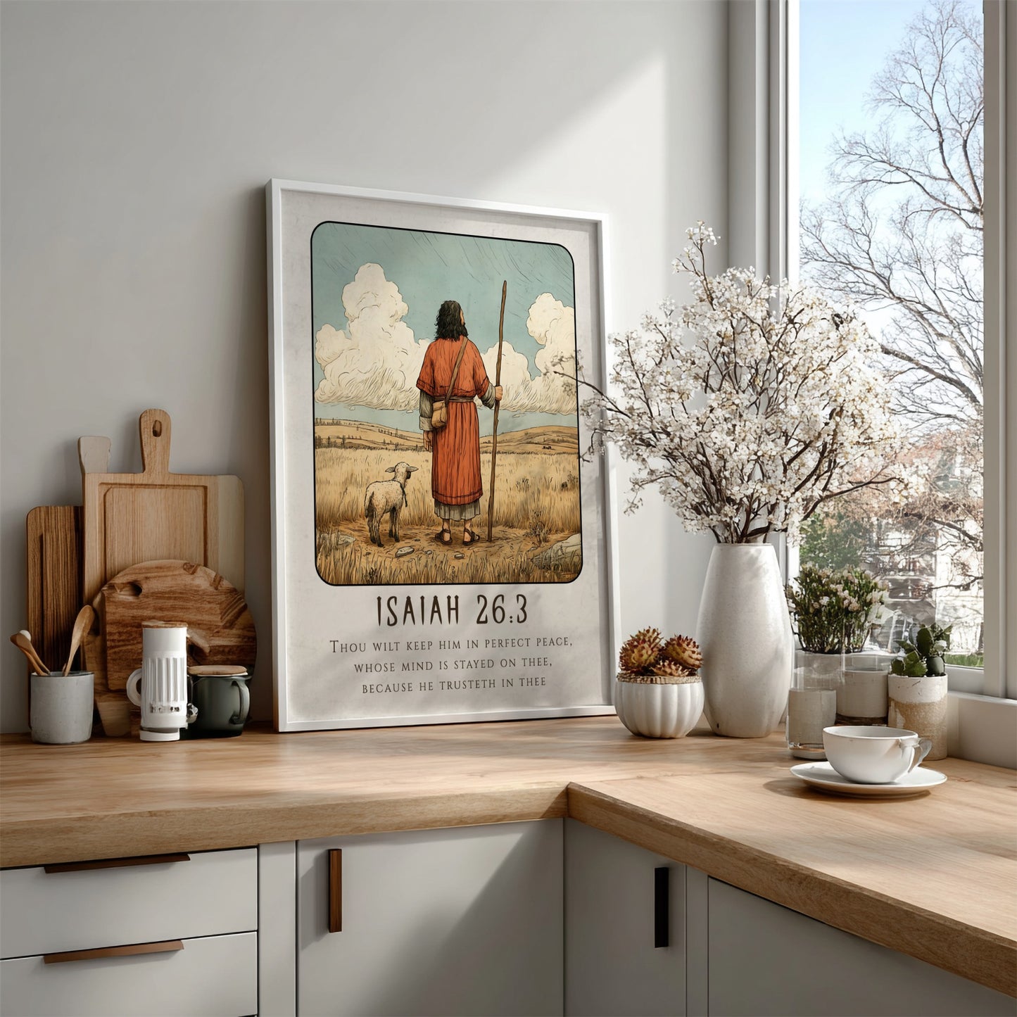 Isaiah 26:3 poster featuring a shepherd and sheep in warm tones, religious wall art for inspiration and peace