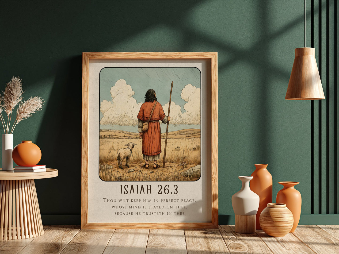 Isaiah 26:3 poster featuring a shepherd and sheep in warm tones, religious wall art for inspiration and peace