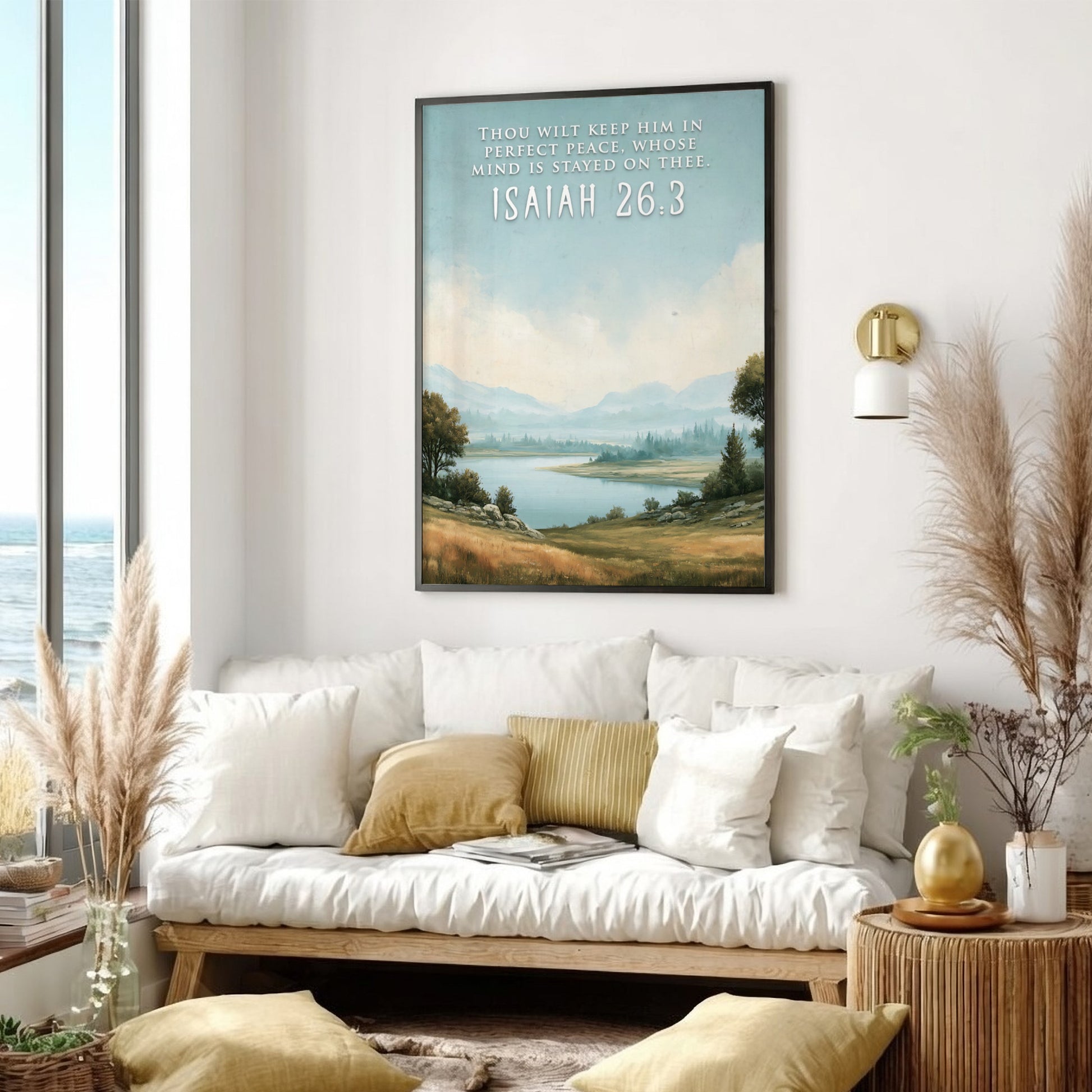 Poster featuring a serene lake landscape with the quote Thou wilt keep him in perfect peace.