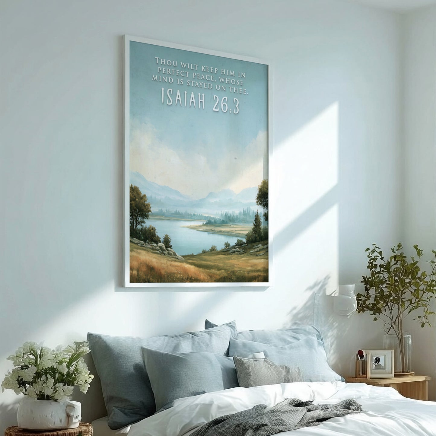 Poster featuring a serene lake landscape with the quote Thou wilt keep him in perfect peace.