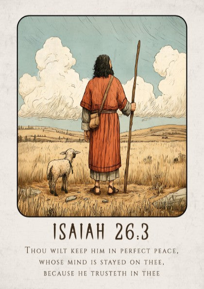 Isaiah 26:3 poster featuring a shepherd and sheep in warm tones, religious wall art for inspiration and peace