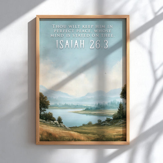 Poster featuring a serene lake landscape with the quote Thou wilt keep him in perfect peace.