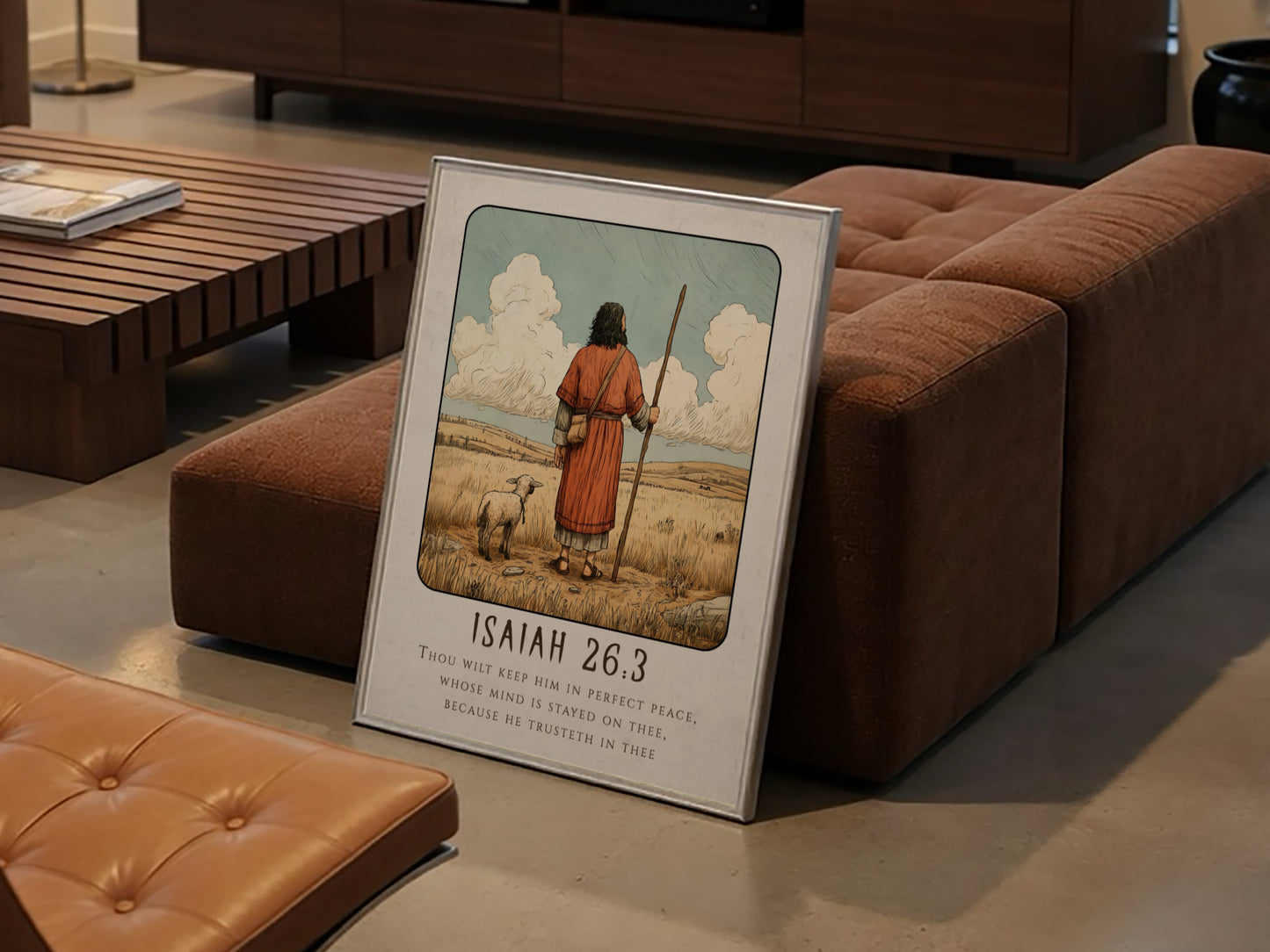 Isaiah 26:3 poster featuring a shepherd and sheep in warm tones, religious wall art for inspiration and peace