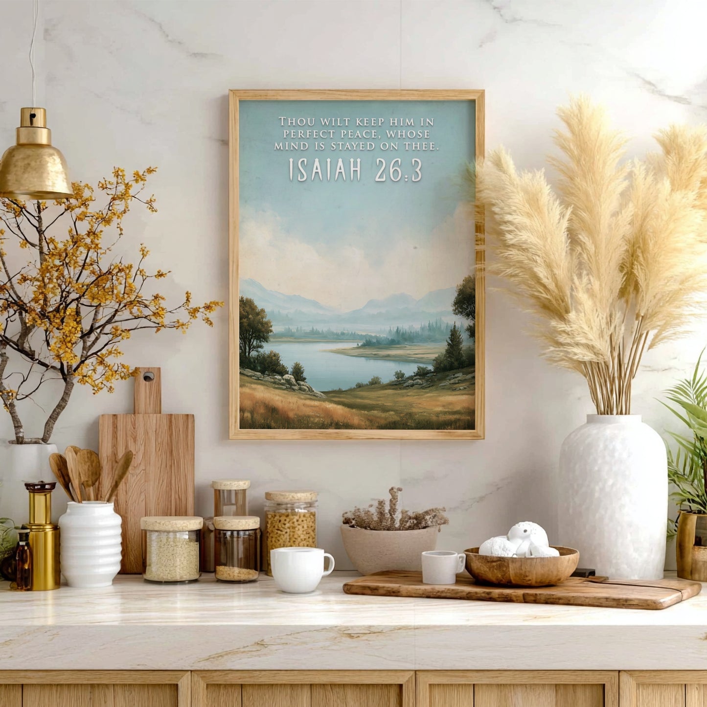 Poster featuring a serene lake landscape with the quote Thou wilt keep him in perfect peace.