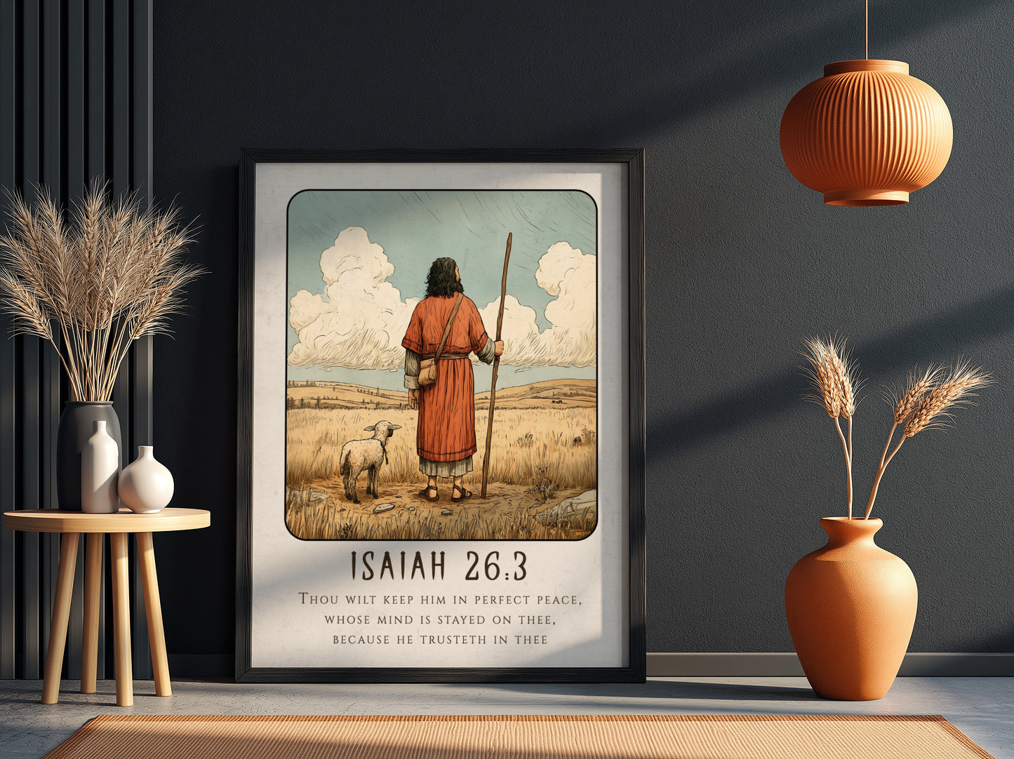 Isaiah 26:3 poster featuring a shepherd and sheep in warm tones, religious wall art for inspiration and peace