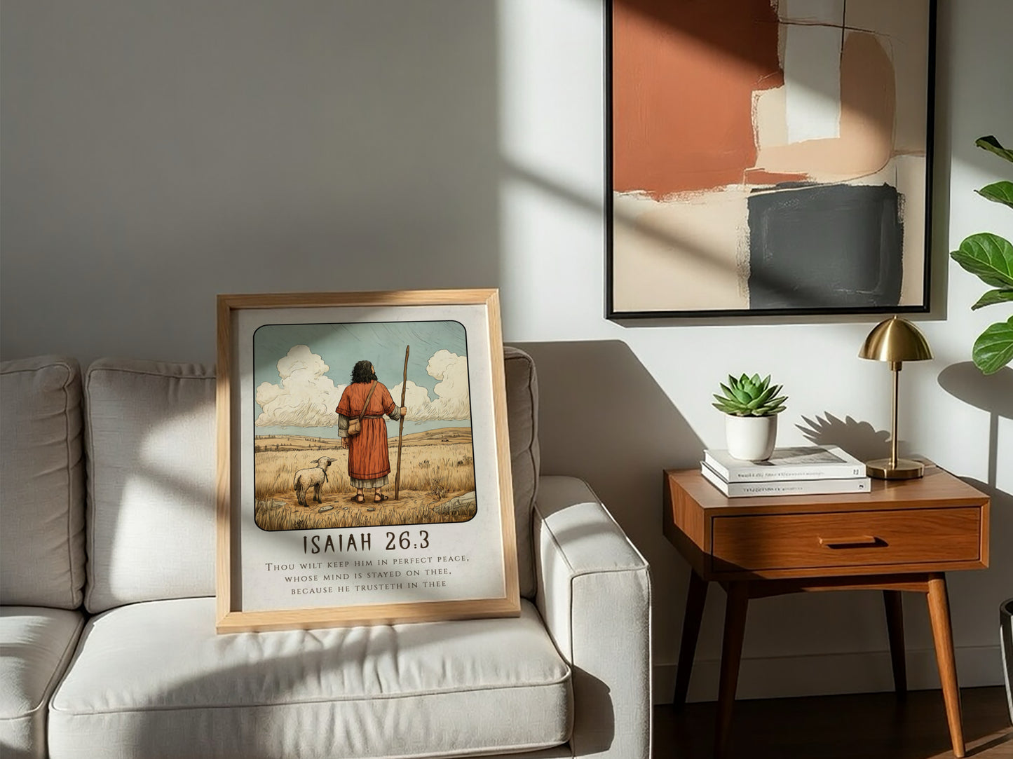 Isaiah 26:3 poster featuring a shepherd and sheep in warm tones, religious wall art for inspiration and peace