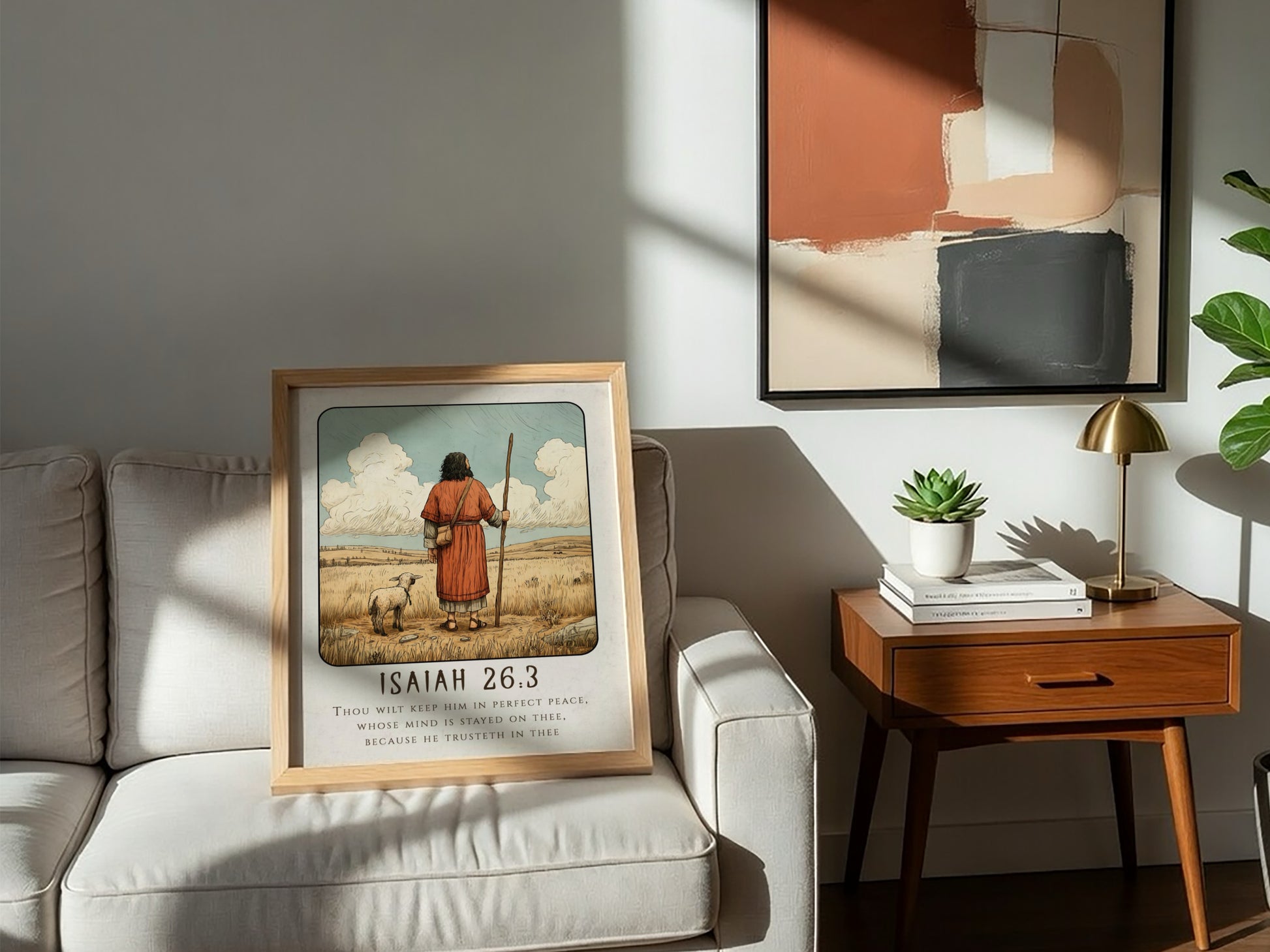Isaiah 26:3 poster featuring a shepherd and sheep in warm tones, religious wall art for inspiration and peace