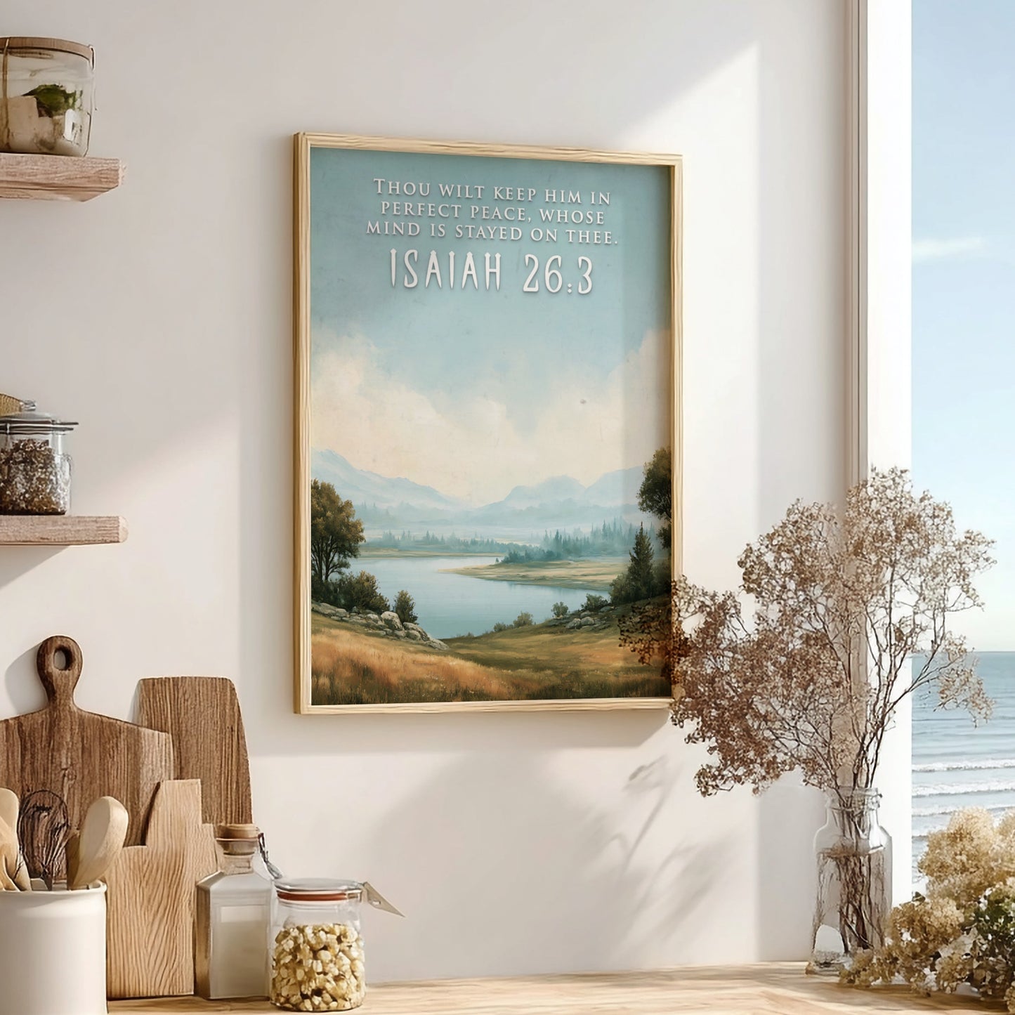 Poster featuring a serene lake landscape with the quote Thou wilt keep him in perfect peace.