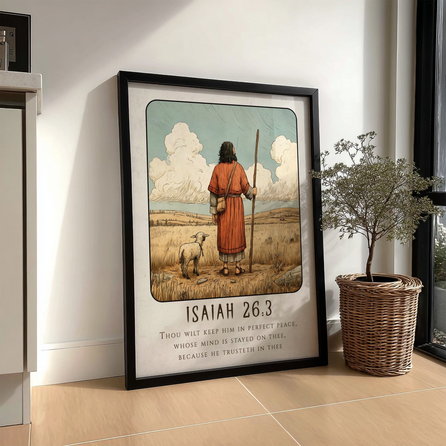 Isaiah 26:3 poster featuring a shepherd and sheep in warm tones, religious wall art for inspiration and peace