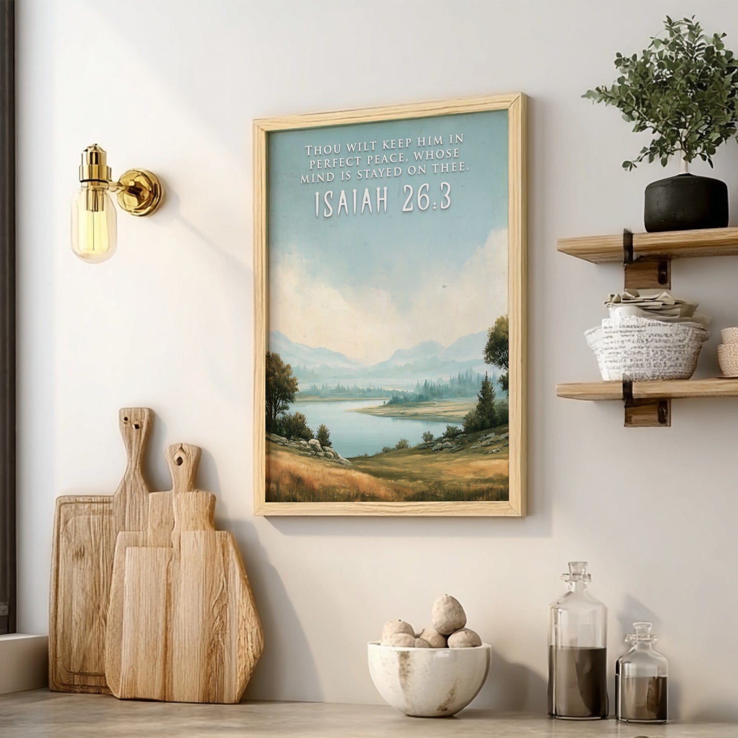 Poster featuring a serene lake landscape with the quote Thou wilt keep him in perfect peace.