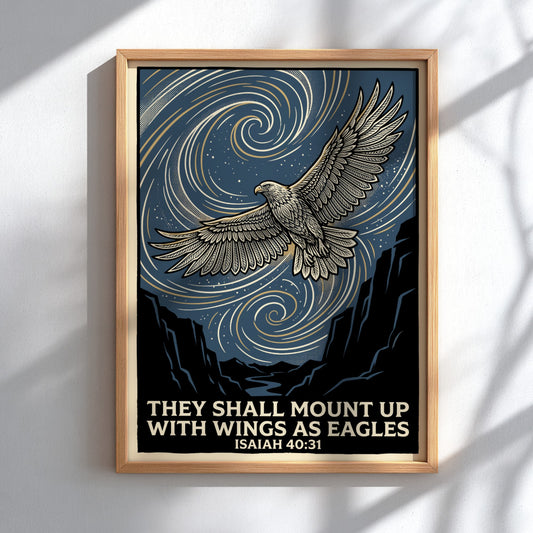 Poster featuring an eagle soaring over mountains with the text They Shall Mount Up