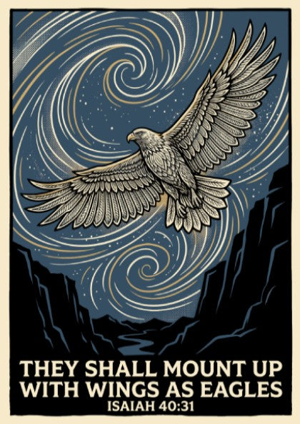 Poster featuring an eagle soaring over mountains with the text They Shall Mount Up
