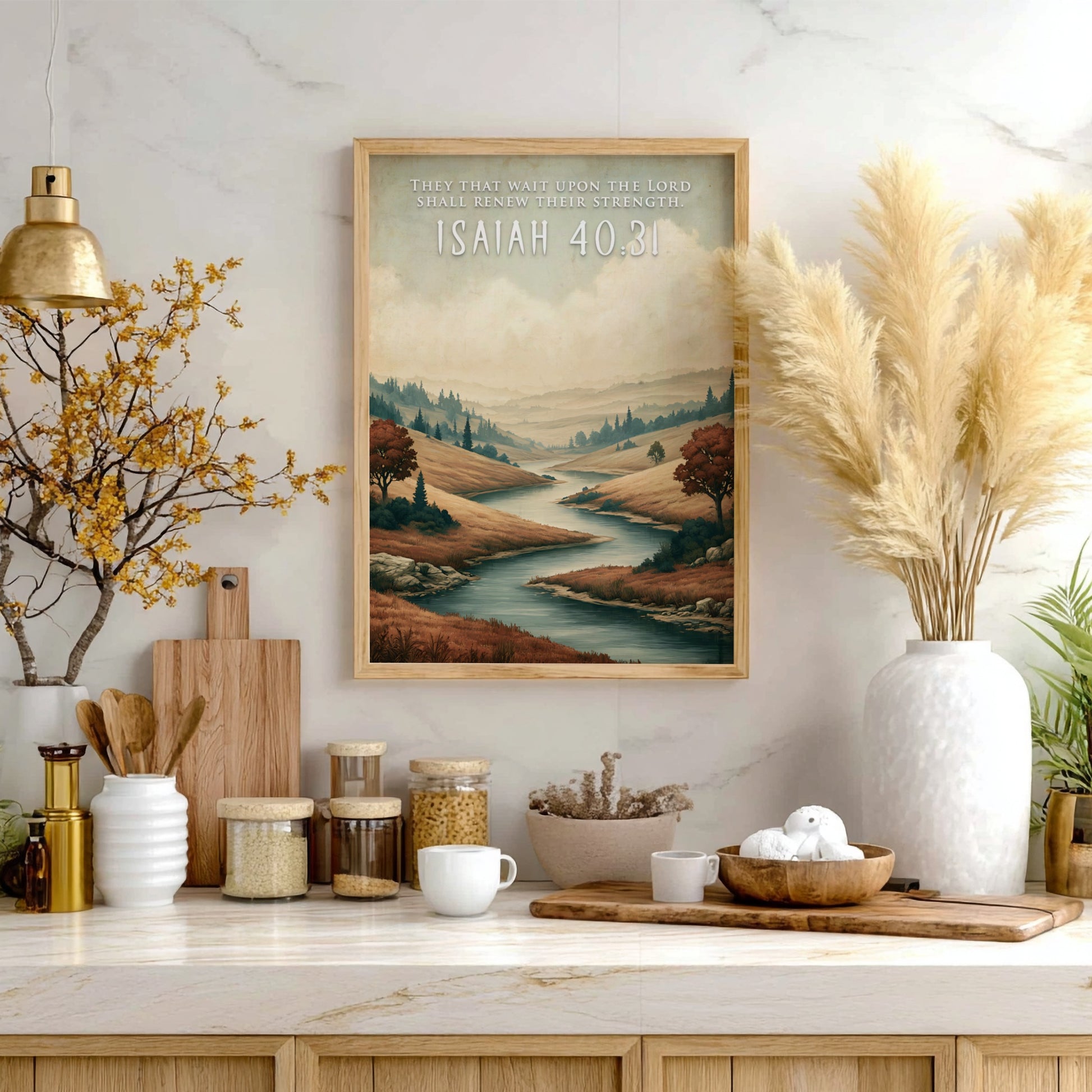 Poster featuring a winding river through golden hills with the text Isaiah 40:31 inscribed.