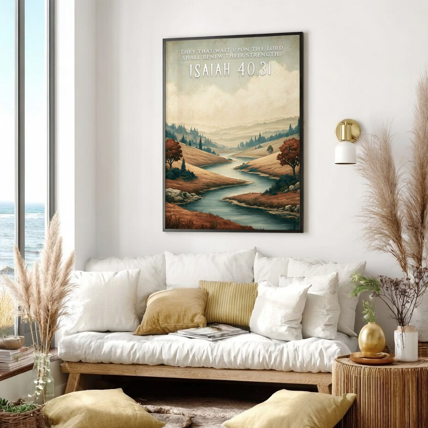 Poster featuring a winding river through golden hills with the text Isaiah 40:31 inscribed.