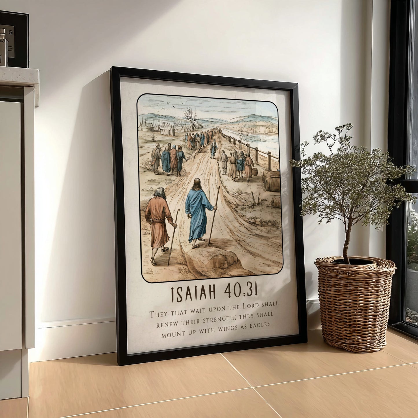 Isaiah 40:31 poster featuring a serene landscape and inspirational message in warm colors