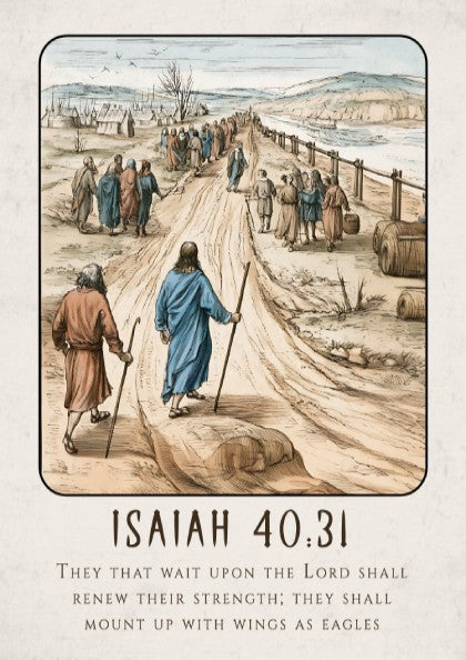 Isaiah 40:31 poster featuring a serene landscape and inspirational message in warm colors