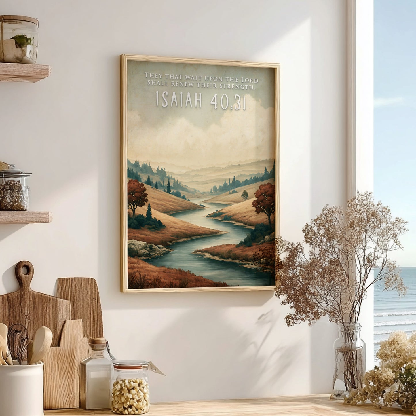 Poster featuring a winding river through golden hills with the text Isaiah 40:31 inscribed.