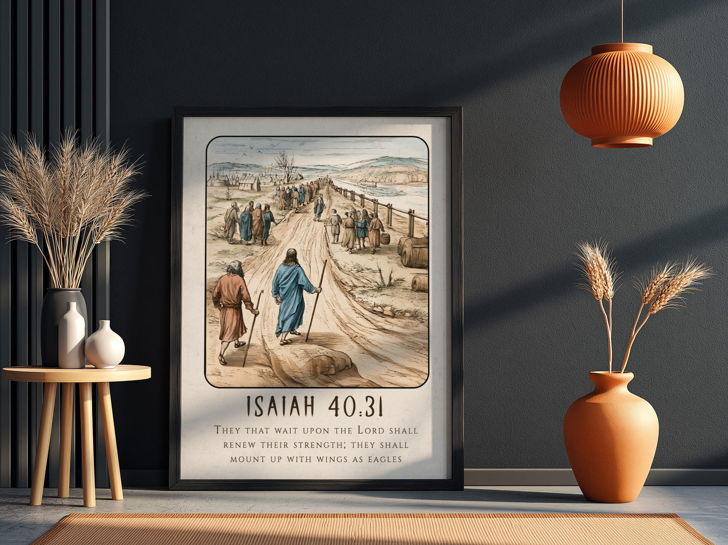 Isaiah 40:31 poster featuring a serene landscape and inspirational message in warm colors