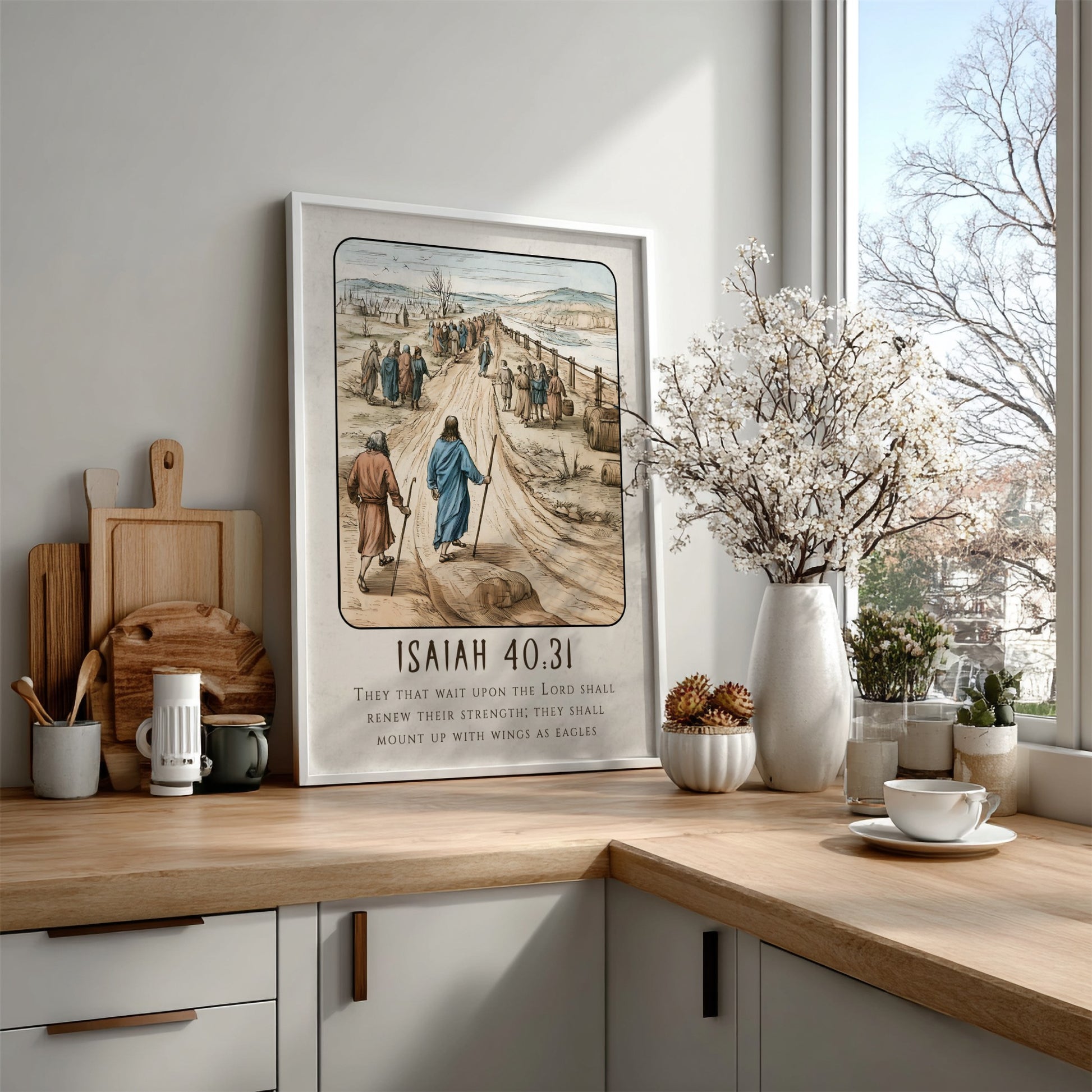 Isaiah 40:31 poster featuring a serene landscape and inspirational message in warm colors