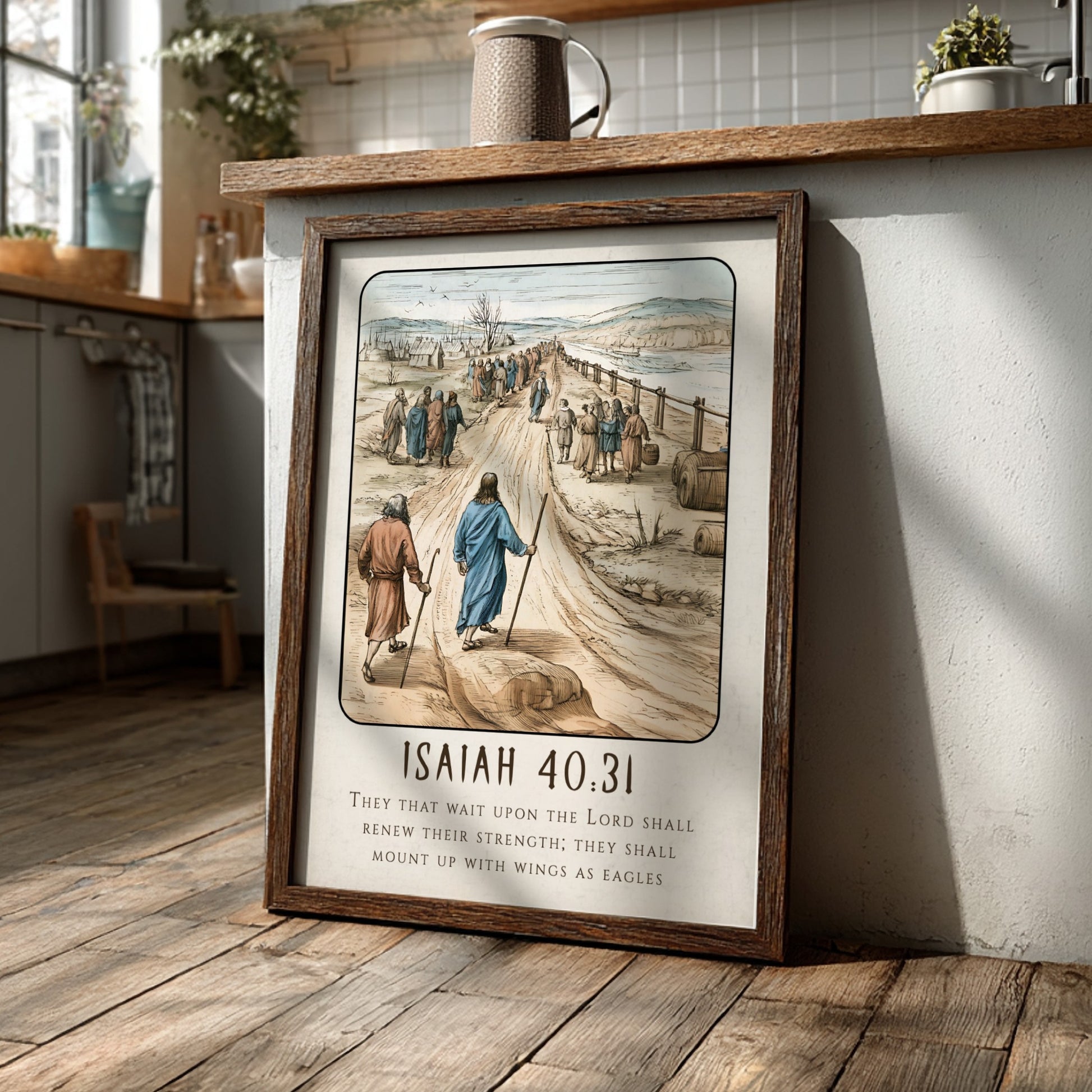Isaiah 40:31 poster featuring a serene landscape and inspirational message in warm colors