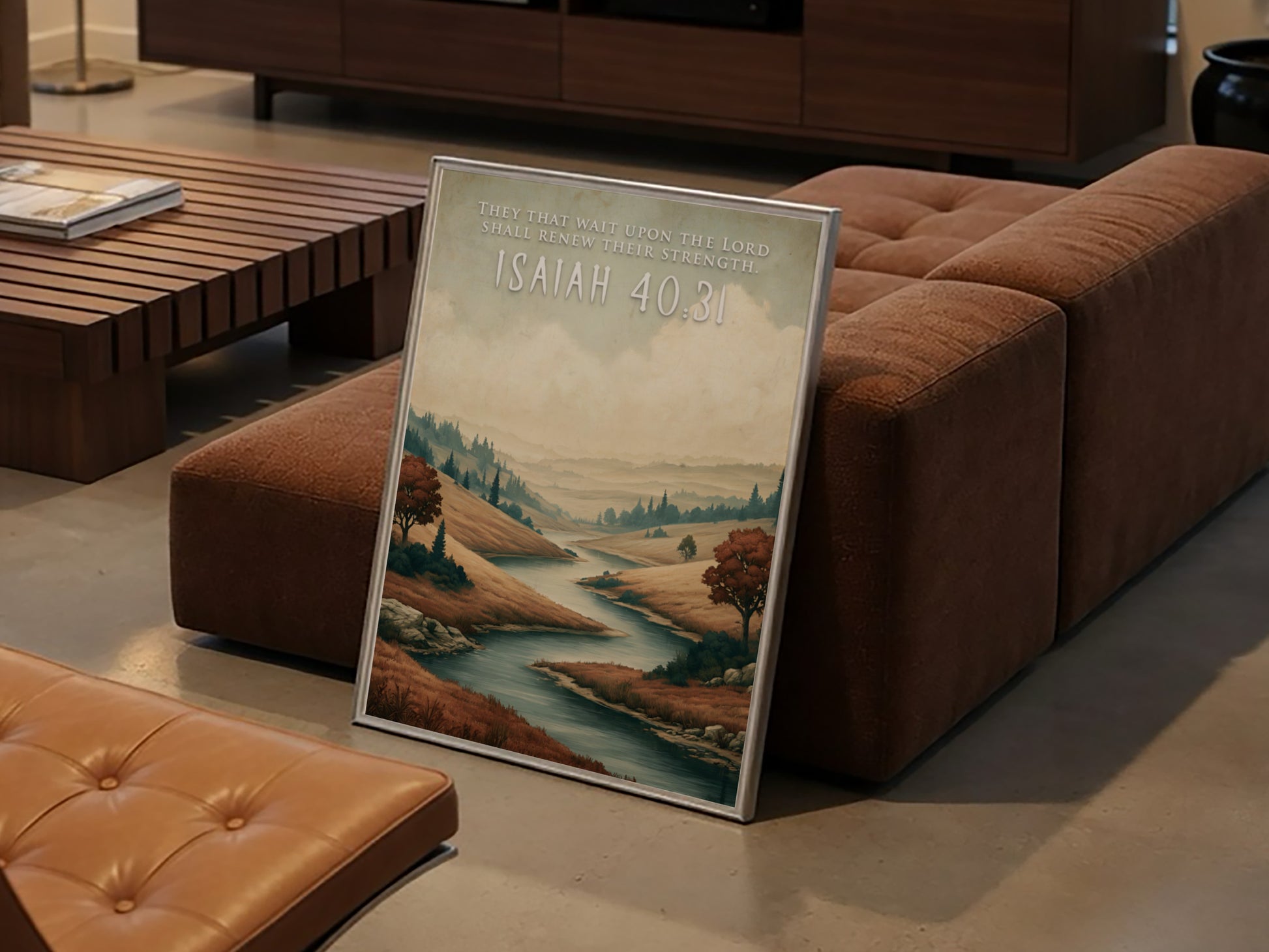 Poster featuring a winding river through golden hills with the text Isaiah 40:31 inscribed.