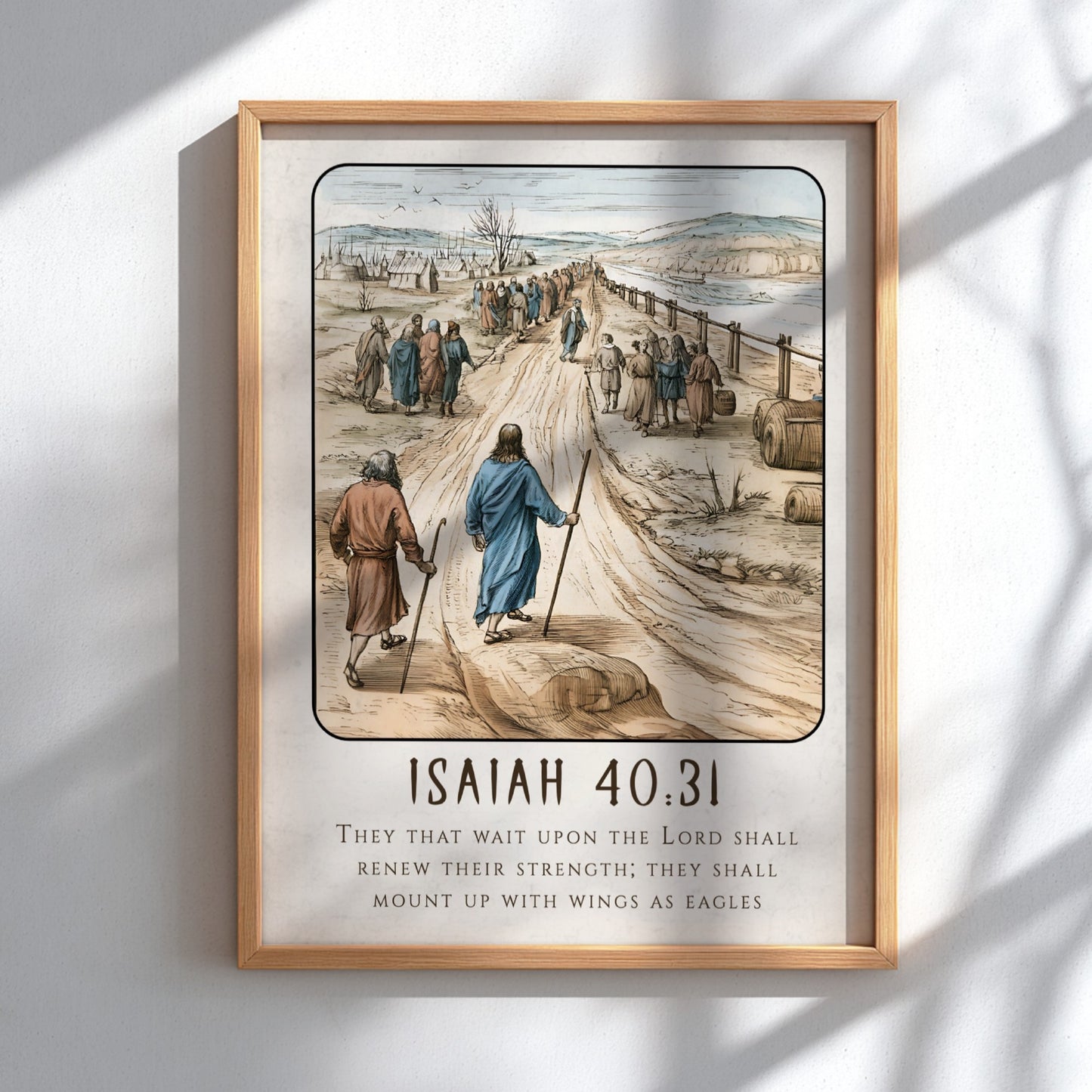 Isaiah 40:31 poster featuring a serene landscape and inspirational message in warm colors