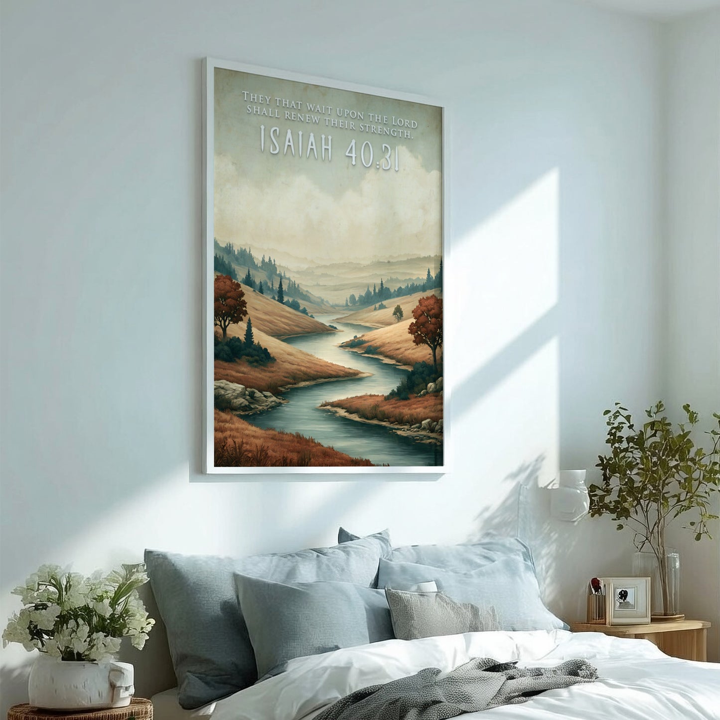 Poster featuring a winding river through golden hills with the text Isaiah 40:31 inscribed.