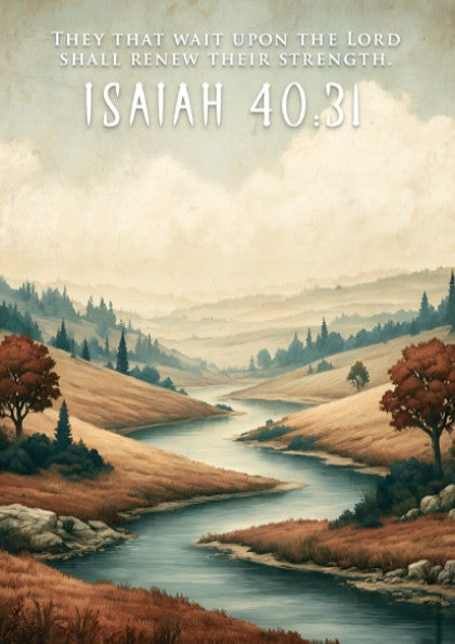 Poster featuring a winding river through golden hills with the text Isaiah 40:31 inscribed.