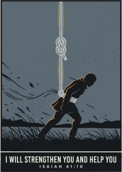 Poster featuring a figure held by a rope with Isaiah 41:10 inspirational text