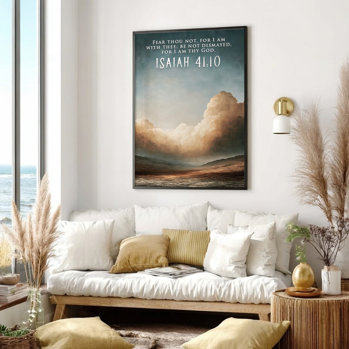 Poster featuring Isaiah 41:10 text over a serene desert landscape with cloudy skies.