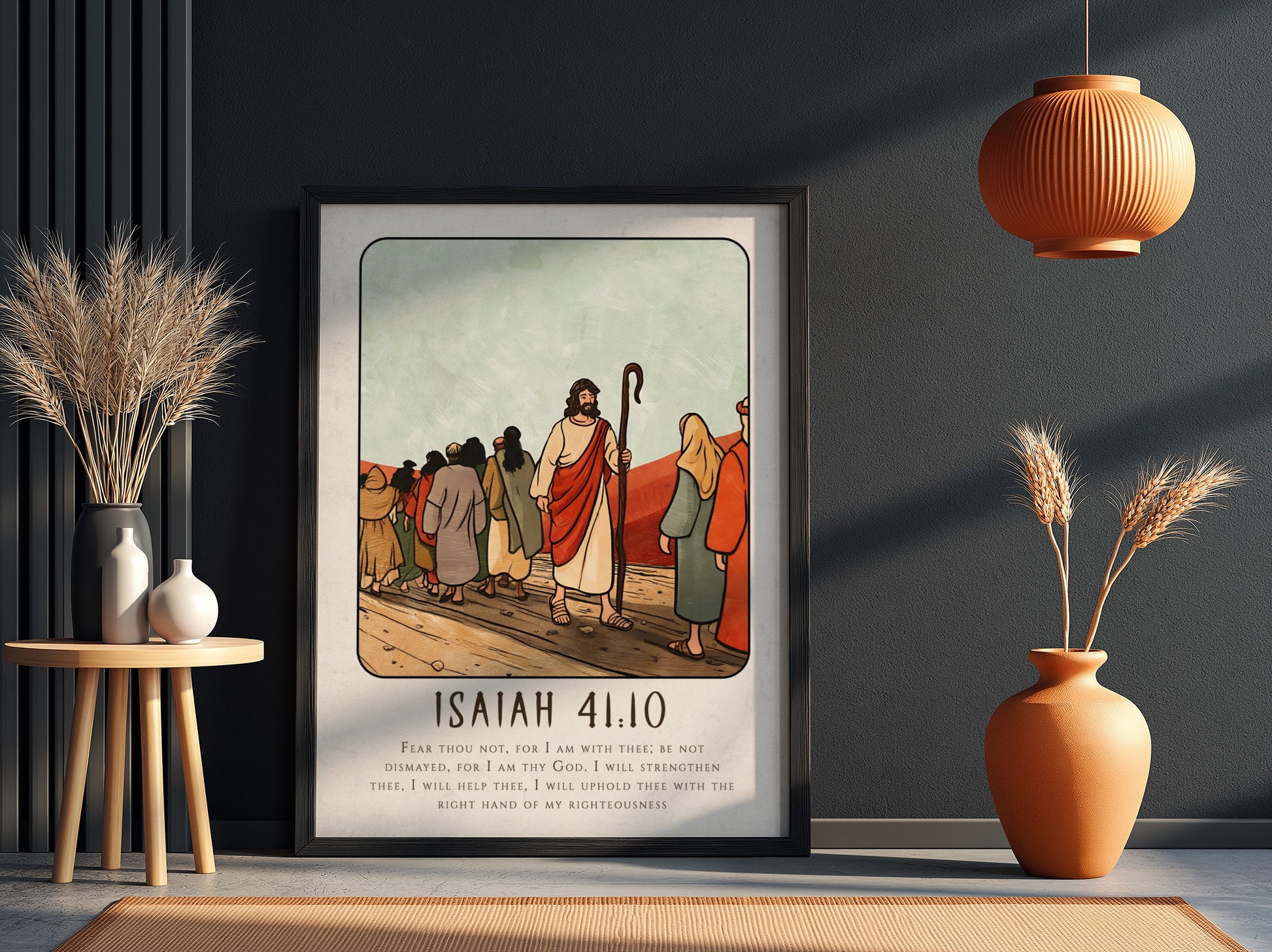 Isaiah 41:10 poster featuring a serene biblical scene in warm colors, perfect for inspirational wall decor.