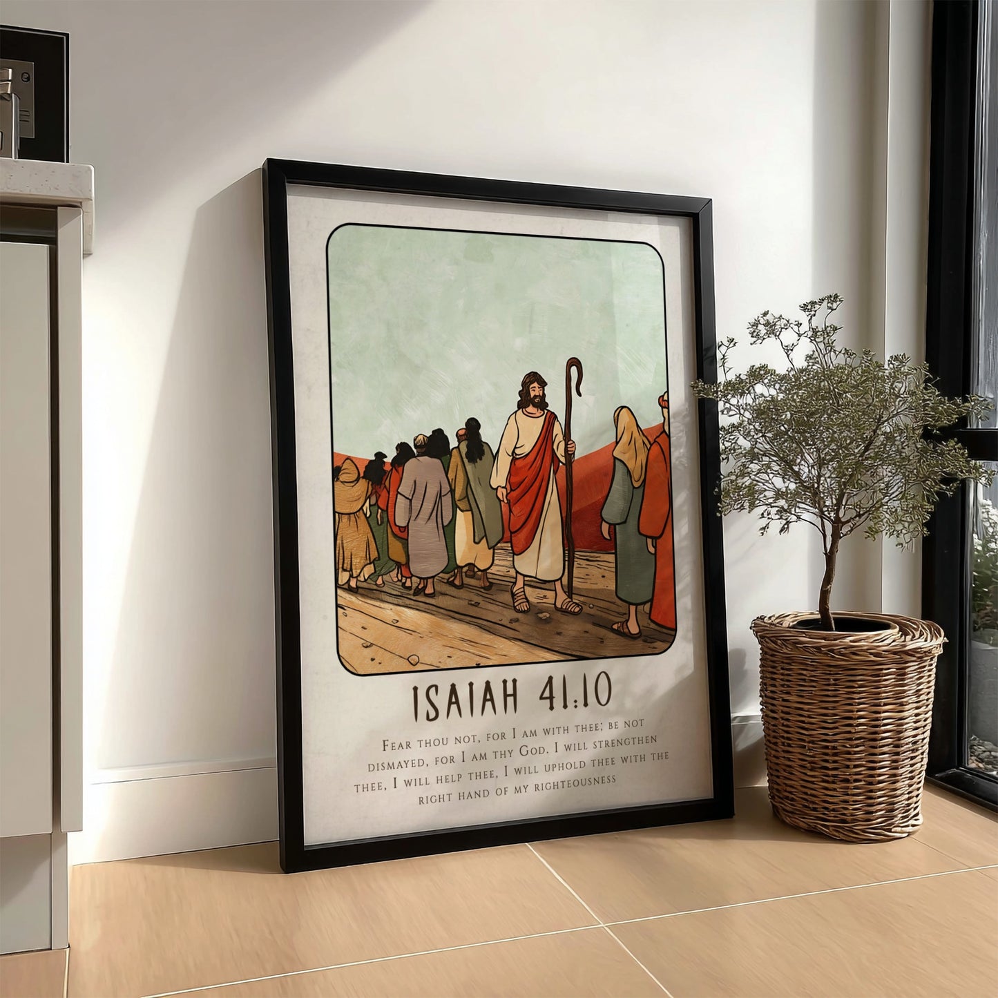 Isaiah 41:10 poster featuring a serene biblical scene in warm colors, perfect for inspirational wall decor.