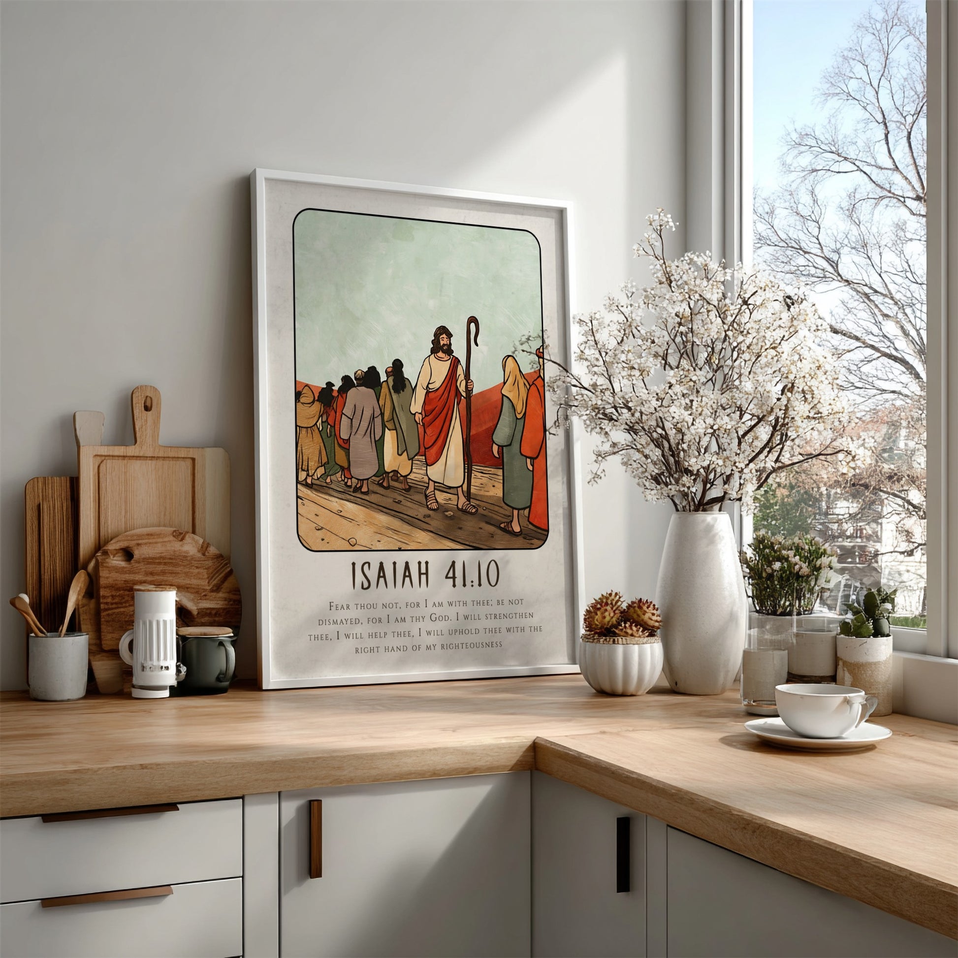 Isaiah 41:10 poster featuring a serene biblical scene in warm colors, perfect for inspirational wall decor.