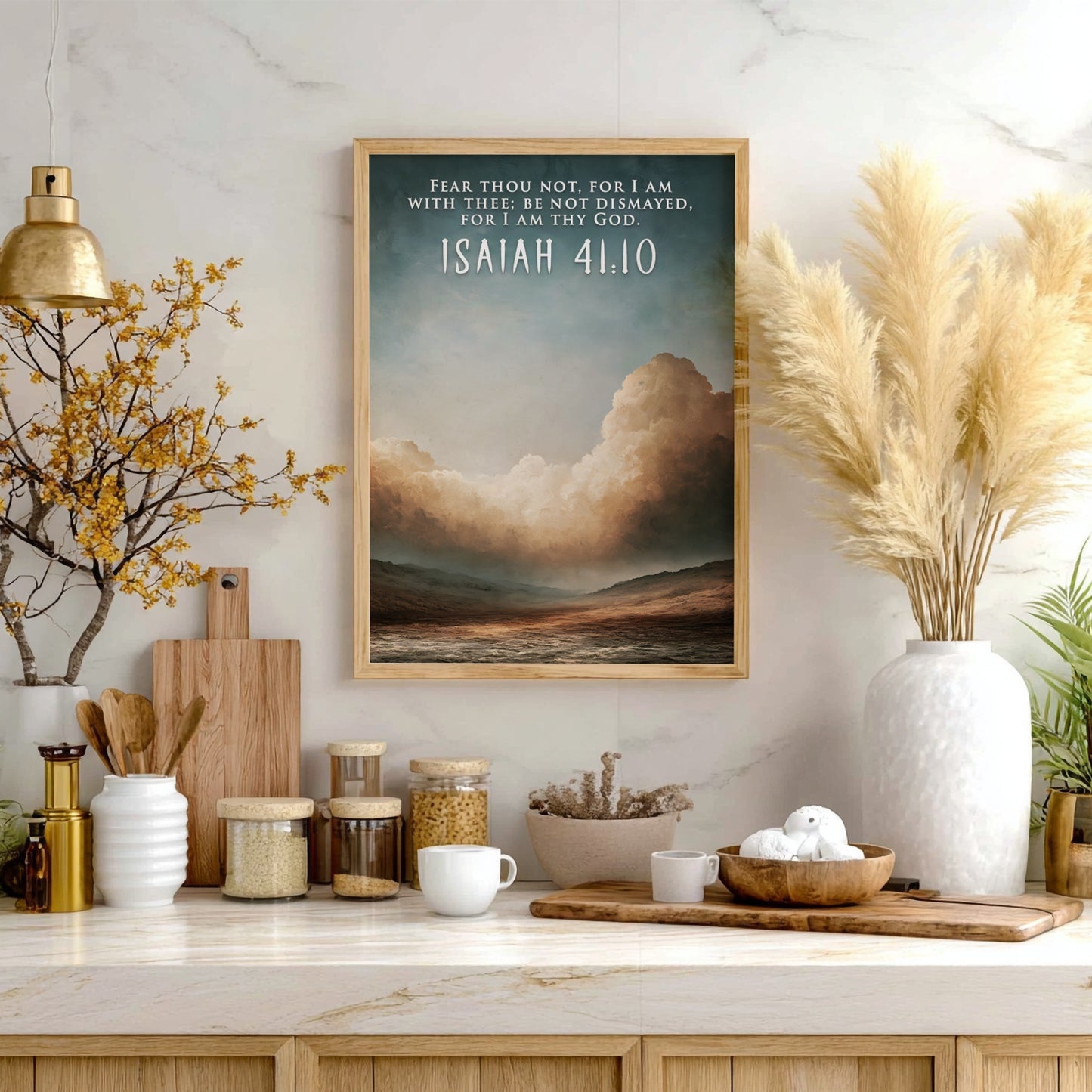 Poster featuring Isaiah 41:10 text over a serene desert landscape with cloudy skies.