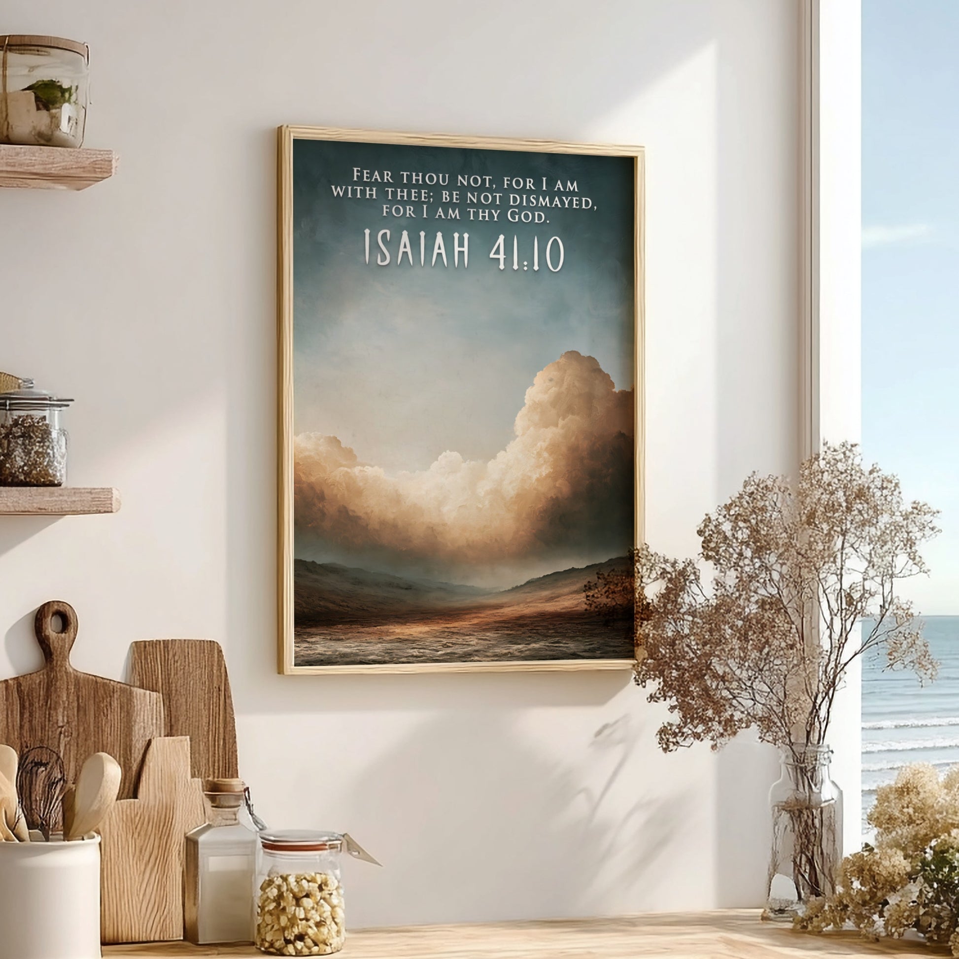 Poster featuring Isaiah 41:10 text over a serene desert landscape with cloudy skies.