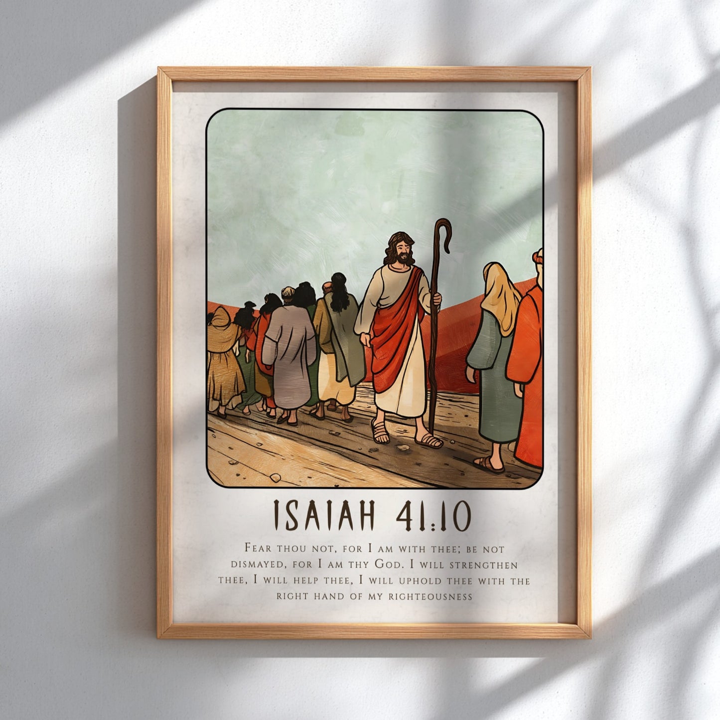 Isaiah 41:10 poster featuring a serene biblical scene in warm colors, perfect for inspirational wall decor.
