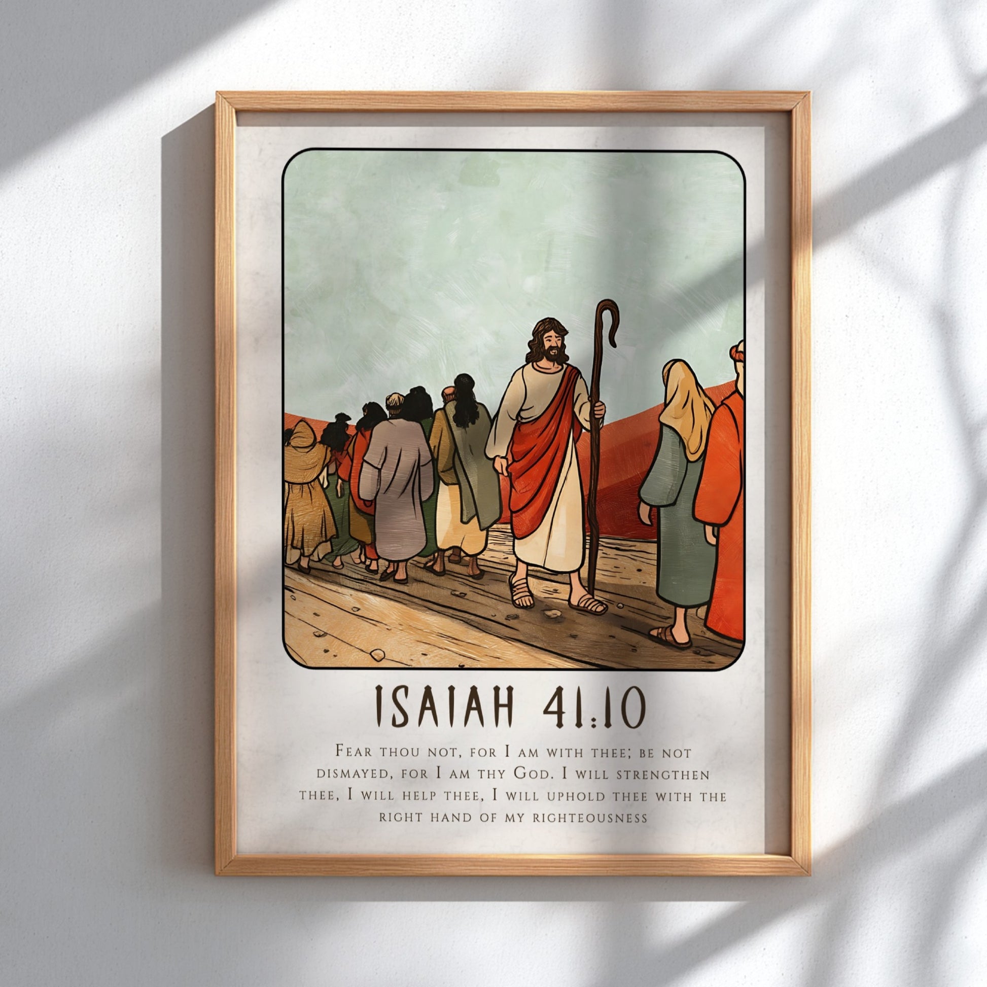 Isaiah 41:10 poster featuring a serene biblical scene in warm colors, perfect for inspirational wall decor.