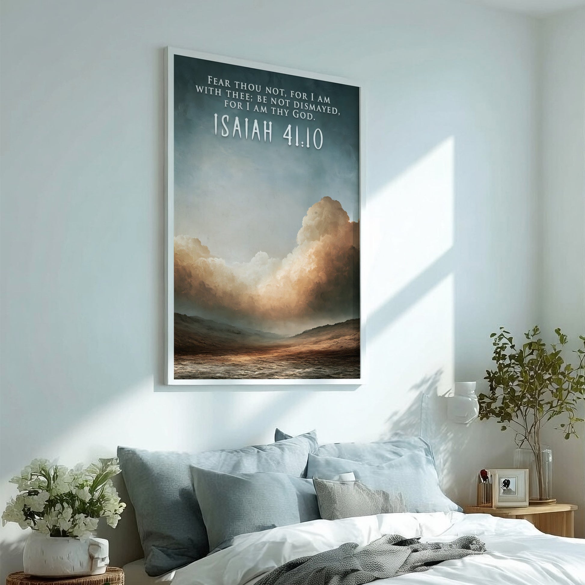 Poster featuring Isaiah 41:10 text over a serene desert landscape with cloudy skies.