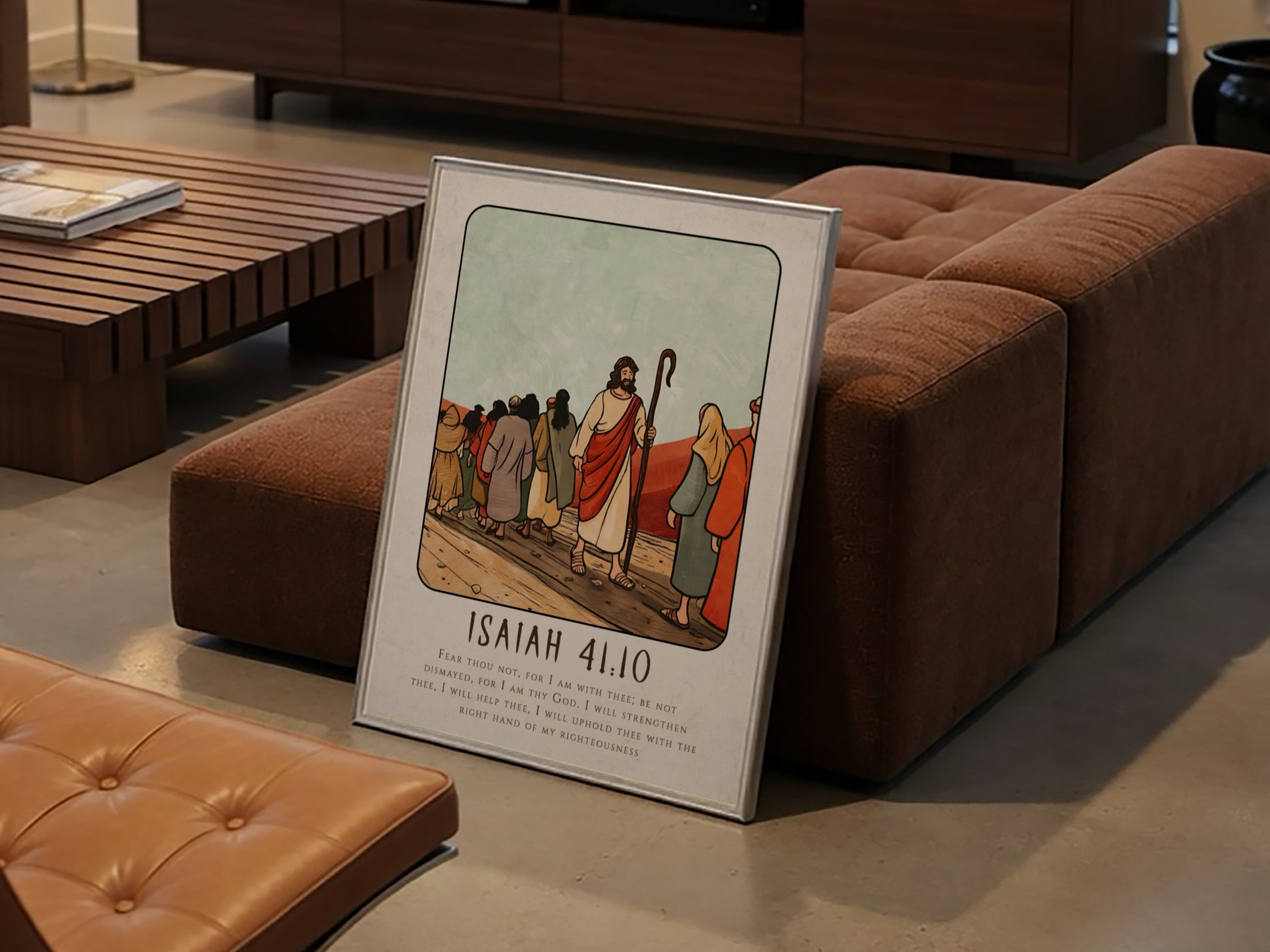Isaiah 41:10 poster featuring a serene biblical scene in warm colors, perfect for inspirational wall decor.